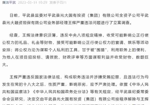 平武县光大融资担保有限公司业务部经理王辉严重违法被移送审查起诉
