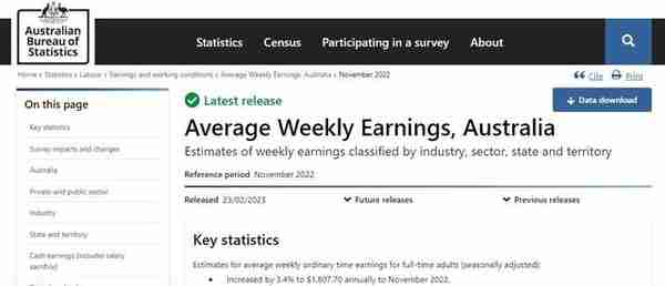 澳洲统计局公布最新人均收入：全澳平均周薪为8400多人民币。