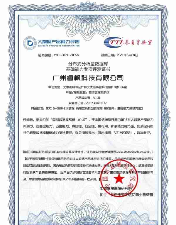 睿帆科技雪球数据库成功通过中国信通院大数据产品能力评测
